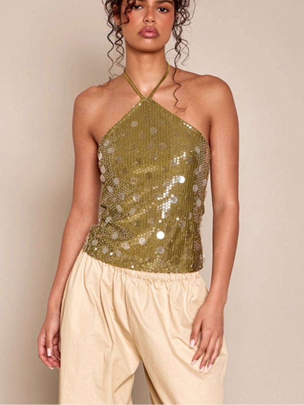 Sequin Halter Tank Dress in Olive Green - Picture 3 of 6